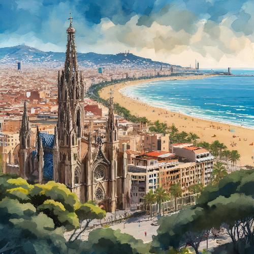 Firefly Expansive view of Barcelona skyline with church and beach.jpg